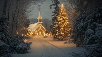 A Snowy Church and Christmas Tree Illuminated by String Lights photo