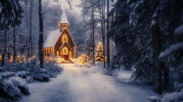 A Snowy Forest Path Leads to a Christmas-Lit Church photo