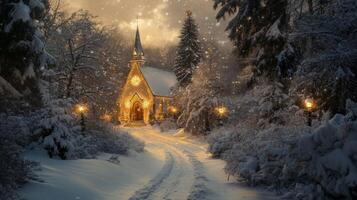 A Snowy Forest Path Leading to a Lighted Chapel photo