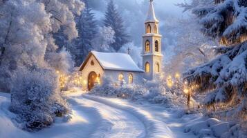 Snowy Church in a Winter Forest photo