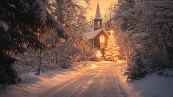 Snow-Covered Church and Christmas Tree on a Snowy Road photo