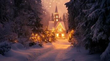 Illuminated Church in Snowy Forest at Night photo