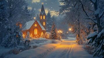 A Snowy Church Path with Christmas Lights in a Winter Forest photo