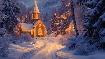 Snow-Covered Church Illuminated by String Lights in a Snowy Forest photo