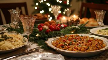 Festive Dinner Table with Baked Dish and Christmas Lights photo