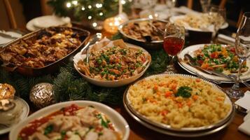 A Festive Table Setting with Various Dishes and Wine Glass photo