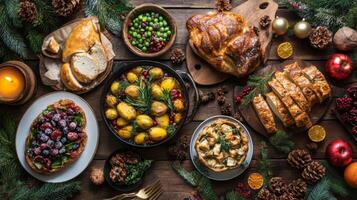 Festive Christmas Dinner Table with Traditional Holiday Dishes and Decorations photo