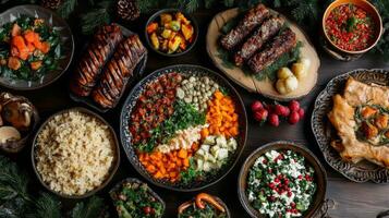 A Festive Spread of Dishes, Featuring Roasted Meats, Salads, and Vegetables photo