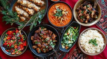 A Feast of Diverse Dishes on a Red Tablecloth photo