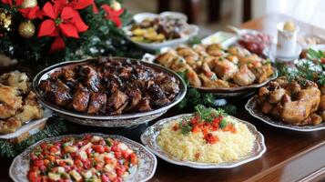 A Table Spread with Various Dishes for a Festive Meal photo
