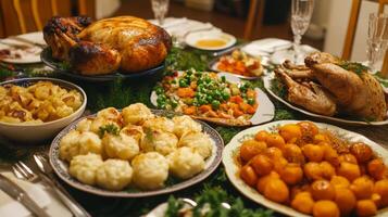 Roasted Turkey and Side Dishes on a Festive Table photo