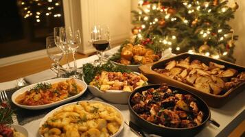 Festive Dinner Table with Various Dishes and Christmas Tree Lights photo