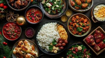 A Feast of Various Dishes Arranged on a Wooden Table photo
