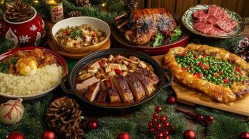 Festive Christmas Dinner Feast with Roasted Duck, Pork, and Various Dishes photo