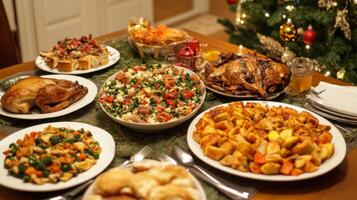 Festive Table Setting with Roasted Chicken and Sides for a Holiday Feast photo