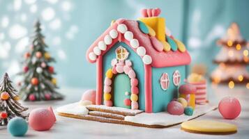 Decorated Gingerbread House with Snow and Christmas Trees photo