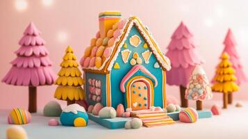 Colorful Gingerbread House with Decorated Trees and Eggs photo