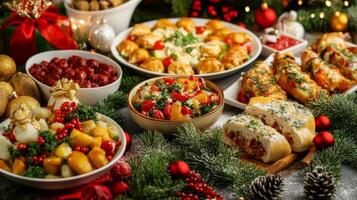 Festive Christmas Dinner Table with Appetizers and Holiday Decorations photo