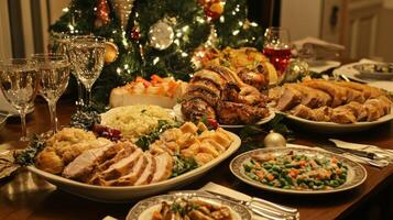 A Christmas Feast with Roasted Chicken, Vegetables, and Bread Pudding photo