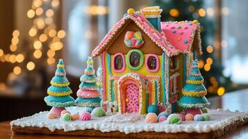 A Colorful Gingerbread House with Candy Decorations and Trees photo