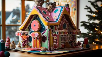 Elaborate, Colorful Gingerbread House with Candy Decorations photo