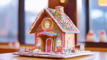 A Colorful Gingerbread House Decorated with Candies and Frosting photo