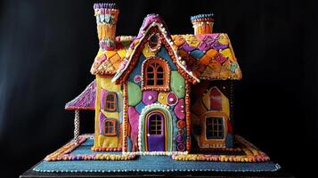 A Multicolored Gingerbread House with Intricate Design photo