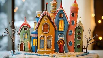 A Festive Gingerbread Village with Decorated Houses and Snow photo