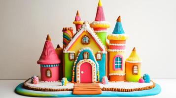 Colorful Candy-Coated Gingerbread Castle with White Icing and Brown Cookies photo