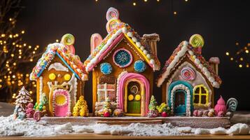 Three Decorated Gingerbread Houses with Candy and Sprinkles photo