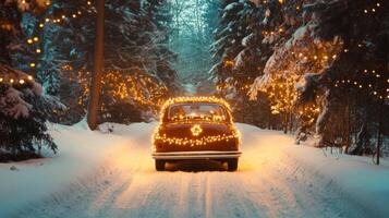 A Classic Car Adorned with Lights Driving Through a Snowy Forest photo