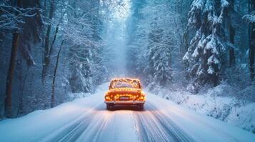A car adorned with Christmas lights drives through a snowy forest. photo