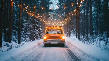 A Classic Car Decorated with Christmas Lights Driving Through a Snowy Forest photo