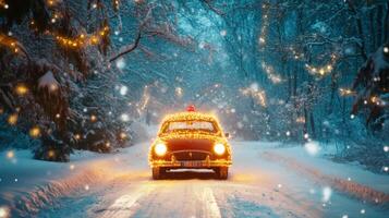 A vintage car adorned with Christmas lights drives through a snowy forest at night. photo