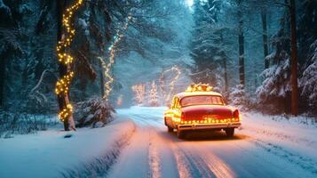 Red Car Decorated with Lights Driving Through a Snowy Forest at Night photo