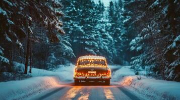A Classic Car Decorated with Lights Driving Through a Snowy Forest at Twilight photo