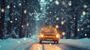 A Car Adorned With Christmas Lights Drives Through a Snowy Forest photo