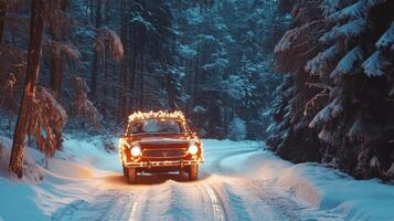 A Red Car Adorned with Christmas Lights Drives Through a Snowy Forest photo