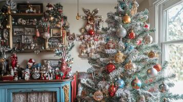 A Christmas Tree Adorned with Vintage Ornaments and Decorated with Faux Snow photo