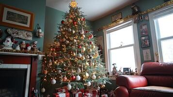 Decorated Christmas Tree in a Living Room with a Fireplace photo