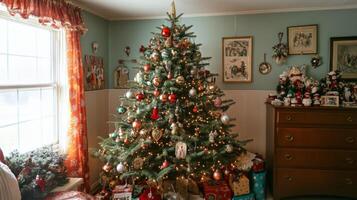 Decorated Christmas Tree in a Room with a Window and a Dresser photo
