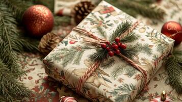 A Christmas Present Wrapped in Festive Paper and Decorated with Pine Branches and Berries photo