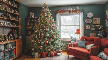 Decorated Christmas Tree in a Cozy Living Room with a Red Sofa and a Snowy View photo