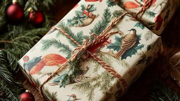 A Christmas gift wrapped in festive paper with a red and white twine bow photo