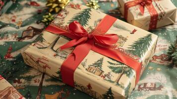 Christmas Gift Wrapped in Festive Paper with Red Ribbon photo