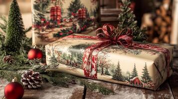 Christmas Gift Wrapped in Wintery Pattern with Red Ribbon photo