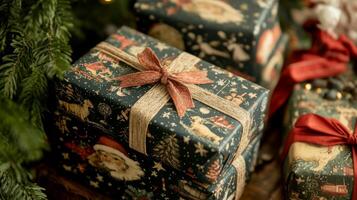 Close-up of Stacked Christmas Presents with Festive Wrapping Paper photo