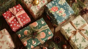 Christmas Presents Wrapped with Festive Designs on Rustic Wooden Surface photo