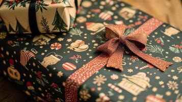 Close-up of a Red Bow on a Christmas-Themed Gift Wrap photo