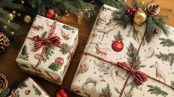 Christmas Presents Wrapped in Festive Paper with Pine Boughs and Ornaments photo
